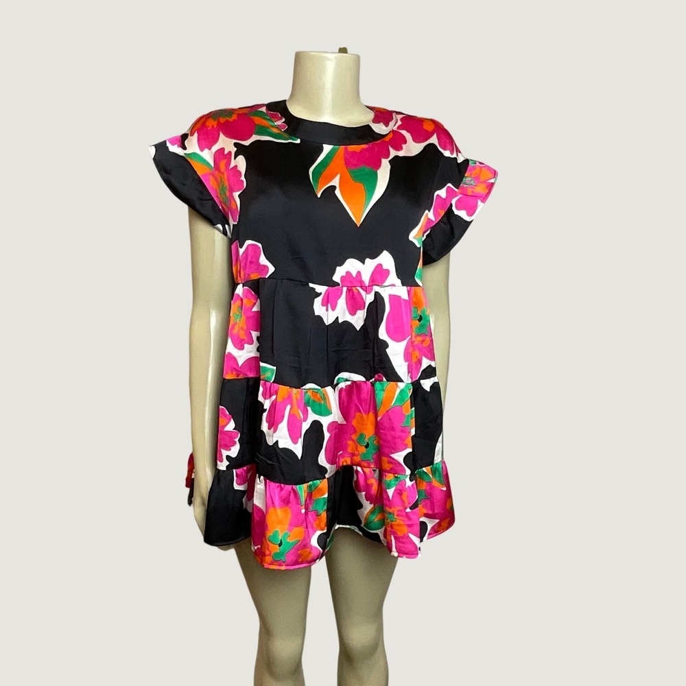 Shop The Mint Black Floral Tiered Babydoll Mini Dress-MJ567, Medium